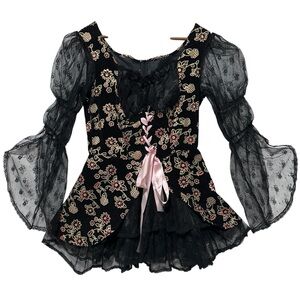Y2K UNBRANDED | Gothic Velvet Floral Lace-Up Corset Top | M